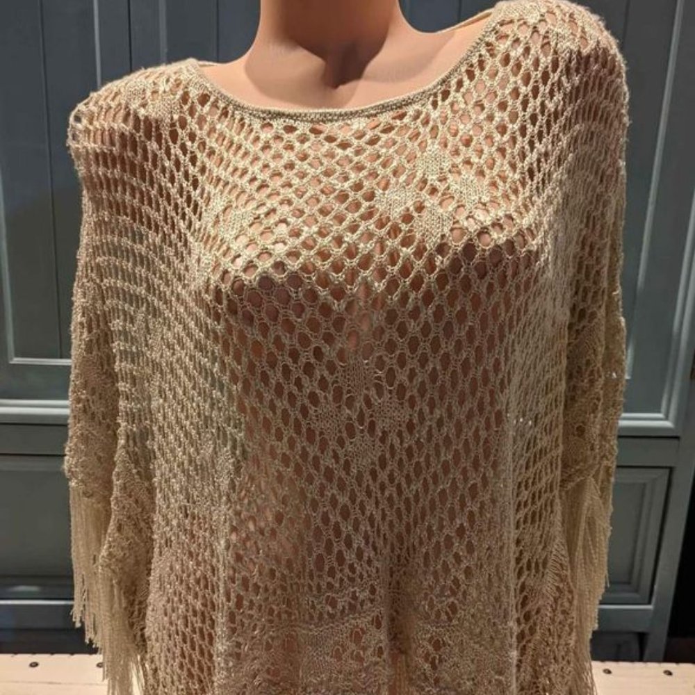 Women's Tan Beige Airy Crochet Shawl Wrap Top Large